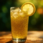 "A tall glass of chilled natural detox drink with chia seeds, lemon slice on the rim, and ice cubes, glowing under sunlight with a fresh and energizing look."