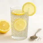 A glass of Brazilian Mounjaro drink made with 3 ingredients — soaked chia seeds, lemon, and coconut water — placed on a clean surface with natural lighting.