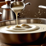 Creamy white sauce being poured from a ladle into a ceramic bowl with steam rising, on a rustic kitchen counter with a whisk and napkin nearby.