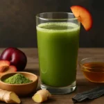 Glass of Japanese Mounjaro detox drink made with matcha, fresh ginger, plum, kombu, and honey, arranged neatly on a wooden surface.