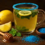 “Energizing drink made with lemon, mint, honey, and the blue salt trick recipe — featuring a glass rimmed with vibrant blue salt for a refreshing twist.”